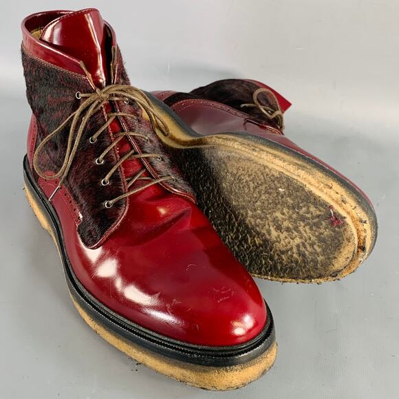 ETRO Size 10 Red Paisley Pony Hair Leather Crepe Sole Ankle Boots main image 7